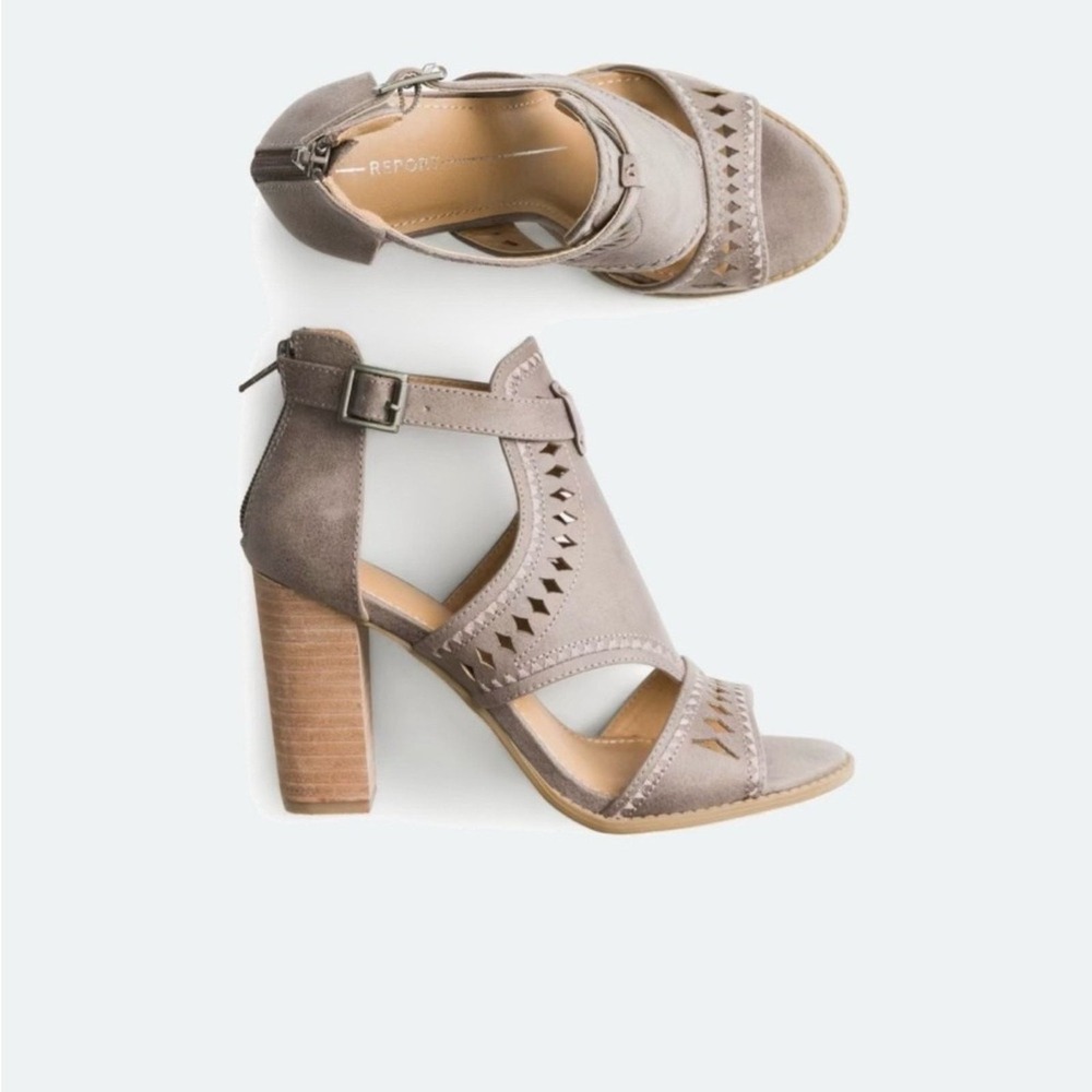 Report Block Heel Sandals Womens 8 Grey Excellent Laser Cut Out Ankle Strap Zip